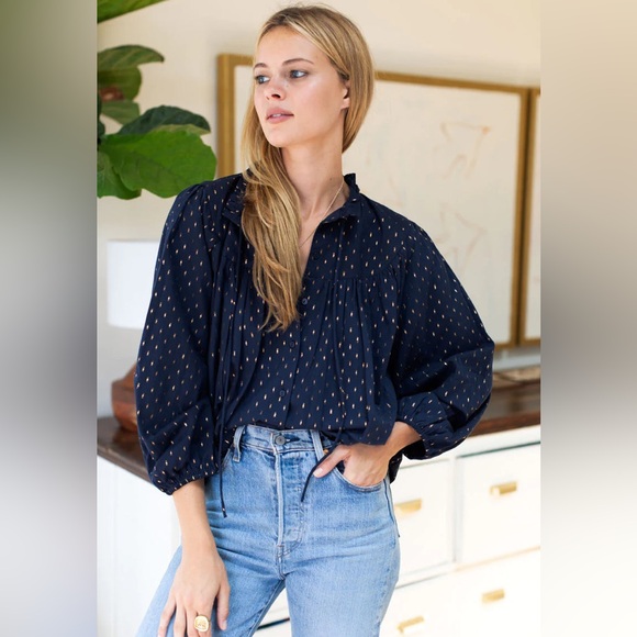 Emerson Fry India Collection Emmaline Top Blue Gold Metallic Blouse Maritime Dot - Picture 1 of 16